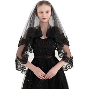 PAMOR Black Lace Veil Creative Mantilla Cathedral Tulle Sheer Wedding Halloween Veil for Bride With Comb in Saudi Arabia