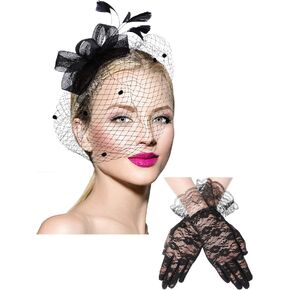 Bowknot Fascinator Hat Tea Party Hat Feathers Veil Mesh Headband and Short Lace Gloves Floral Lace Gloves