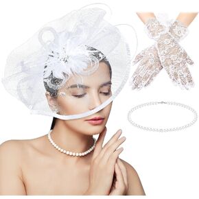 3 Pieces Fascinators Hats for Women Tea Party Hat Feathers Veil Mesh Hat Lace Gloves Pearl Choker Necklace Set for Wedding in Saudi Arabia