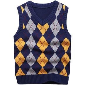 Boys Sweater Vest V Neck Argyle Sleeveless Uniform Knit Plaid Kids Clothes