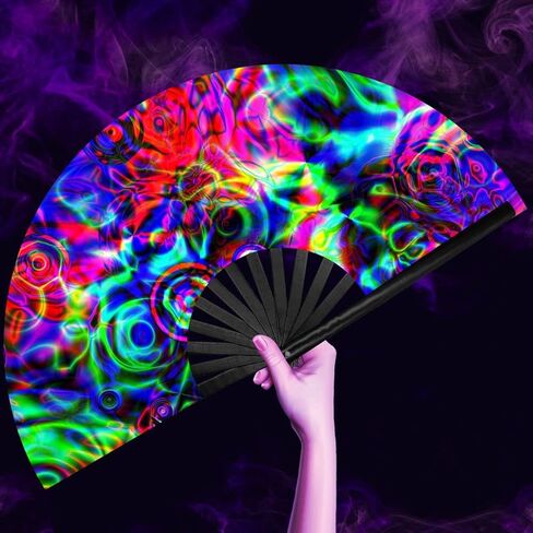 OMyTea UV Glow Rave Fan Foldable for Women/Men/Drag Queen - Large Clack Festival Folding Hand Fan - for EDM, Music Festival, Event, Party, Dance, Performance (Aurora) in Kuwait