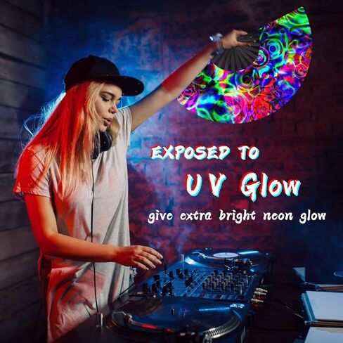 OMyTea UV Glow Rave Fan Foldable for Women/Men/Drag Queen - Large Clack Festival Folding Hand Fan - for EDM, Music Festival, Event, Party, Dance, Performance (Aurora) in Kuwait
