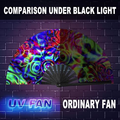 OMyTea UV Glow Rave Fan Foldable for Women/Men/Drag Queen - Large Clack Festival Folding Hand Fan - for EDM, Music Festival, Event, Party, Dance, Performance (Aurora) in Kuwait