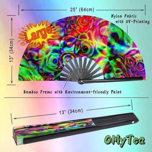 OMyTea UV Glow Rave Fan Foldable for Women/Men/Drag Queen - Large Clack Festival Folding Hand Fan - for EDM, Music Festival, Event, Party, Dance, Performance (Aurora) in Kuwait
