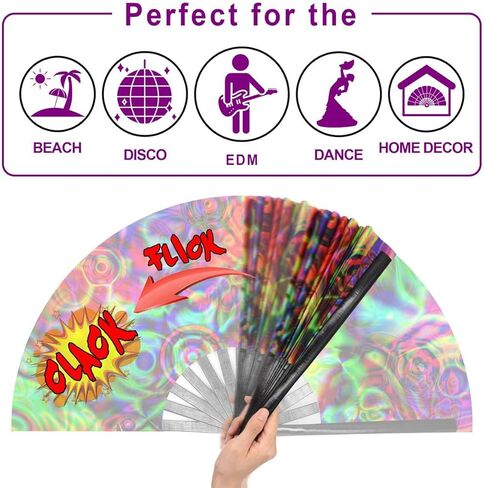 OMyTea UV Glow Rave Fan Foldable for Women/Men/Drag Queen - Large Clack Festival Folding Hand Fan - for EDM, Music Festival, Event, Party, Dance, Performance (Aurora) in Kuwait