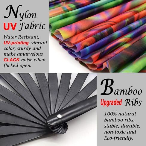 OMyTea UV Glow Rave Fan Foldable for Women/Men/Drag Queen - Large Clack Festival Folding Hand Fan - for EDM, Music Festival, Event, Party, Dance, Performance (Aurora) in Kuwait