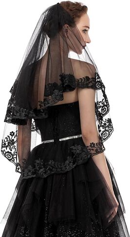 PAMOR Black Lace Veil Creative Mantilla Cathedral Tulle Sheer Wedding Halloween Veil for Bride With Comb in Kuwait
