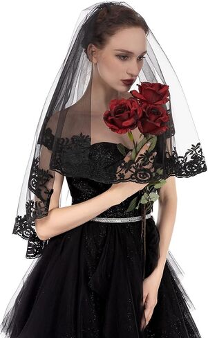 PAMOR Black Lace Veil Creative Mantilla Cathedral Tulle Sheer Wedding Halloween Veil for Bride With Comb in Kuwait