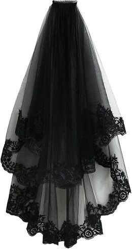 PAMOR Black Lace Veil Creative Mantilla Cathedral Tulle Sheer Wedding Halloween Veil for Bride With Comb in Kuwait