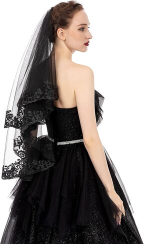 PAMOR Black Lace Veil Creative Mantilla Cathedral Tulle Sheer Wedding Halloween Veil for Bride With Comb in Kuwait