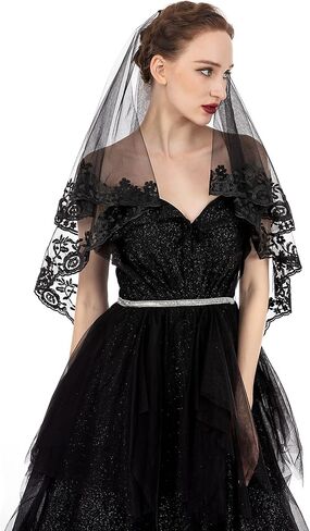 PAMOR Black Lace Veil Creative Mantilla Cathedral Tulle Sheer Wedding Halloween Veil for Bride With Comb in Kuwait
