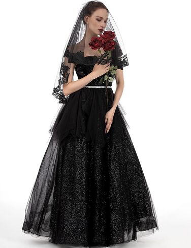 PAMOR Black Lace Veil Creative Mantilla Cathedral Tulle Sheer Wedding Halloween Veil for Bride With Comb in Kuwait