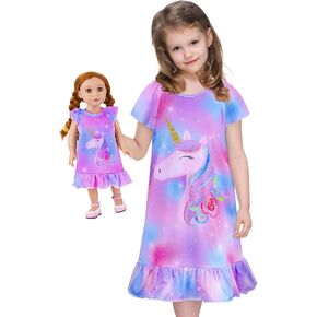 ICOSY Matching Girls & Doll Nightgowns Clothes Unicorn Pajamas Sleepwear Outfit for Girls and American 18" Girl Doll