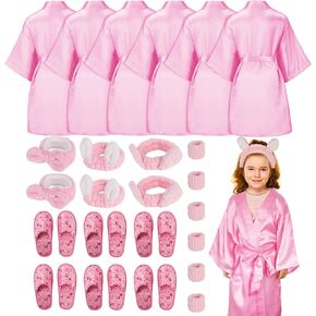 AOLIGE 24Pcs Sleepover Party Supplies for Girls Kids Spa Day Kit Gifts Satin Kimono Robes Headband Slippers Wristband Set in Kuwait