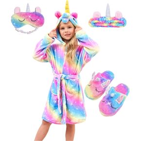 Ceruwum Girls Cozy Unicorn Hooded Bathrobe Sleepwear with Unicorn Slippers, Blindfold and Headband in Kuwait