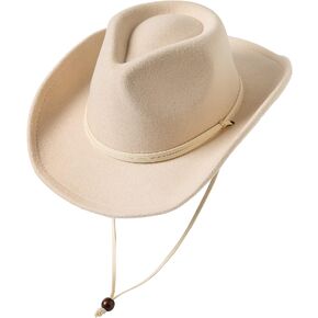Jastore Kids Girls Boys Wide Brim Western Cowboy Cowgirl Hat with Wind Lanyard Felt Fedora Hat