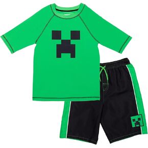 Minecraft Zombie Creeper Alex Steve Rash Guard and Swim Trunks Outfit Set Little Kid to Big Kid