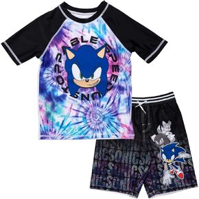 مجموعة ملابس SEGA Sonic The Hedgehog Pullover Rash Guard وملابس السباحة من الأطفال الصغار إلى الأطفال الكبار