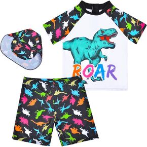 AuSletie Boys Two Pieces Swimsuit Set Short Sleeve Kids Rash Guard Dinosaur Boys Bathing Suit with Sun Cap for 2-6 Years