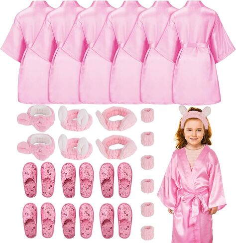 AOLIGE 24Pcs Sleepover Party Supplies for Girls Kids Spa Day Kit Gifts Satin Kimono Robes Headband Slippers Wristband Set in Kuwait