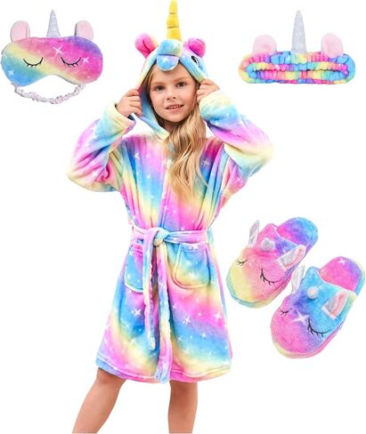 Ceruwum Girls Cozy Unicorn Hooded Bathrobe Sleepwear with Unicorn Slippers, Blindfold and Headband in Saudi Arabia