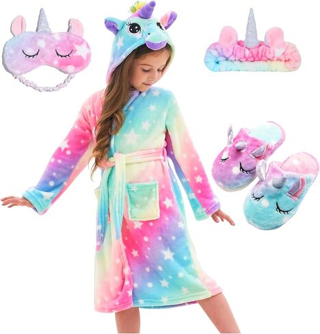 Ceruwum Girls Cozy Unicorn Hooded Bathrobe Sleepwear with Unicorn Slippers, Blindfold and Headband in Kuwait