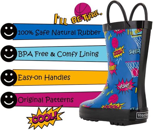 Freemori Kids Toddler Rain Boots for Boys Baby Infant Youth Rainboots for Girls Raining Boots Outdoor Water Shoes Handmade Natural Rubber Children Muck Boots with Easy-On Handles in Kuwait