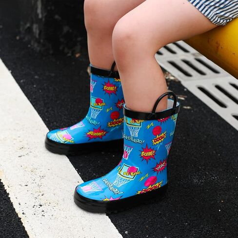Freemori Kids Toddler Rain Boots for Boys Baby Infant Youth Rainboots for Girls Raining Boots Outdoor Water Shoes Handmade Natural Rubber Children Muck Boots with Easy-On Handles in Kuwait