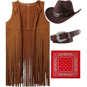 Hercicy Western Outfits for Women Cowgirl Tassel Sleeveless Vest Cowboy Hat Belt and Paisley Bandana for Halloween Dress Up