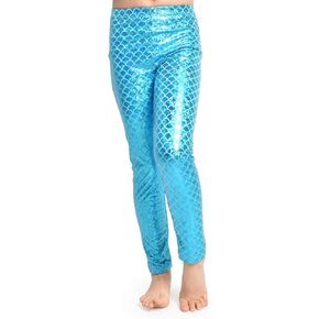 YgneeDom Kids Girls Mermaid Leggings Shiny Metallic Scale Pants for Halloween Dance Party