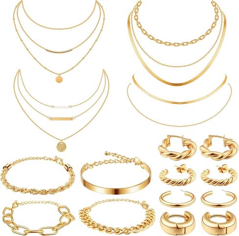 Tiamon 12 Pcs 90s Silver Gold Jewelry Set for Women Men 4 Earring Sets 4 Necklace 4 Bracelets for Girl Punk in Kuwait
