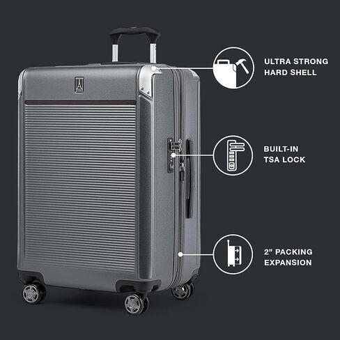 حقيبة سفر بعجلات دوارة قابلة للتوسيع من Travelpro Platinum Elite ذات هيكل صلب من البولي كربونات، رمادي عتيق، مقاس متوسط ​​25 بوصة in Kuwait