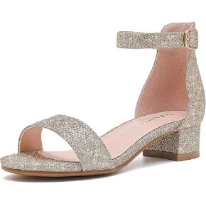Dufannie Girls Sandals Low Heels Dress Pump Ankle Strap Open Toe Flower Girl Wedding Party for Toddler Little Big Kid