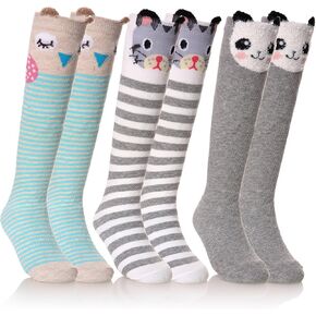 FNOVCO Girls Knee High Socks Cartoon Animal Patterns Cotton Over Calf Socks