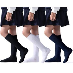 EPEIUS Girls Knee High Socks Seamless Cotton School Uniform Socks Plain/Cable Knee Socks Kids Boy Over the Calf Socks