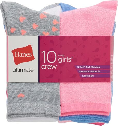 Hanes Girls' Big Ultimate Fashion, Lightweight Stretch Crew Socks, Assorted 10-Pair Pack, Small in Saudi Arabia