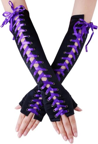 JISEN Womens Fingerless Gloves Elbow Lace Up steampunk Costume Arm Warmer in Kuwait
