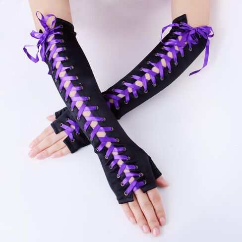 JISEN Womens Fingerless Gloves Elbow Lace Up steampunk Costume Arm Warmer in Kuwait