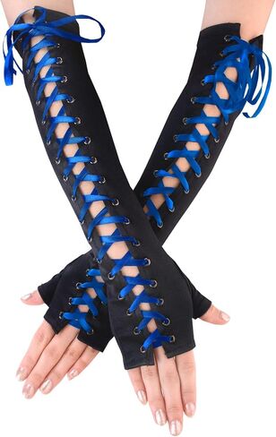 JISEN Womens Fingerless Gloves Elbow Lace Up steampunk Costume Arm Warmer in Kuwait