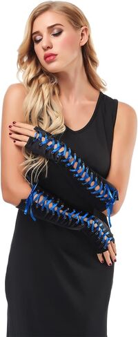 JISEN Womens Fingerless Gloves Elbow Lace Up steampunk Costume Arm Warmer in Kuwait