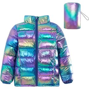 Lovekider Puffer Jacket for Girls Packable Down-Alternative Warm Coat Shiny Outerwear for Kids 4-12T