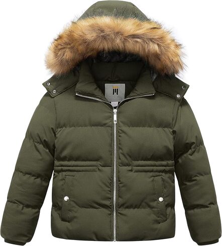 CREATMO US Girl's Kids Metallic Shiny Jacket with Detachable Fur Collar Warmth Winter Outerwear in Kuwait