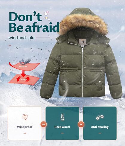 CREATMO US Girl's Kids Metallic Shiny Jacket with Detachable Fur Collar Warmth Winter Outerwear in Kuwait