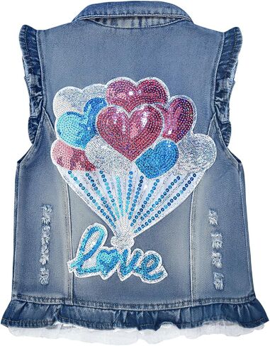 Peacolate Little Big Girl Outfit Distressed Sleeveless Jacket Embroidered Sequins Butterfly Denim Vest in Kuwait