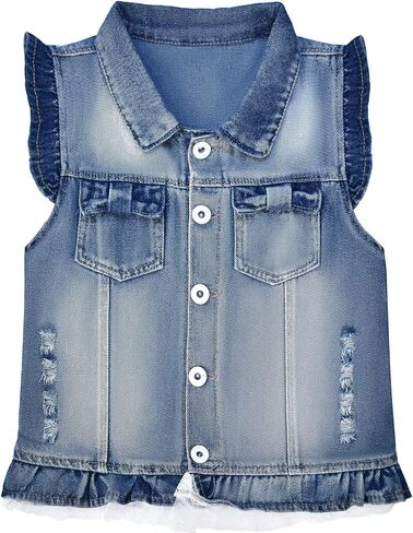 Peacolate Little Big Girl Outfit Distressed Sleeveless Jacket Embroidered Sequins Butterfly Denim Vest in Kuwait