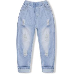 KIDSCOOL SPACE Girl Jeans، بنطال جينز مطاطي بخصر مطاطي بحافة خام من قماش الدنيم