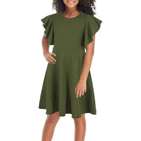 GORLYA Girl's Flutter Sleeve Stretchy A-Line Swing Flared Skater Party Dress with Pockets for 4-12 Years Kids in Saudi Arabia