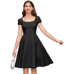 WDIRARA Girl's Appliques Mesh Puff Sleeve Square Neck Ruffle Hem Dress in Saudi Arabia
