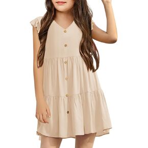 Mafulus Girls Ruffle Sleeve Dress Kids V Neck Button Down Tiered Swing A-Line Summer Beach Sundress Outfit 5-14T