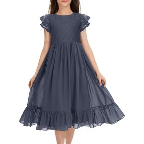 MITILLY Girls Elegant Lace Flower Crew Neck Ruffle Chiffon A-Line Flowy Birthday Party Midi Dress in Saudi Arabia